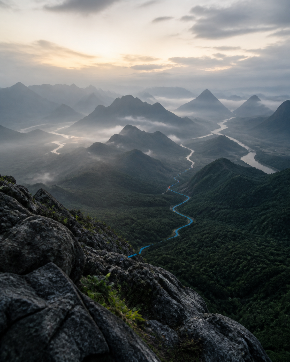 A future travel route through a mountain landscape